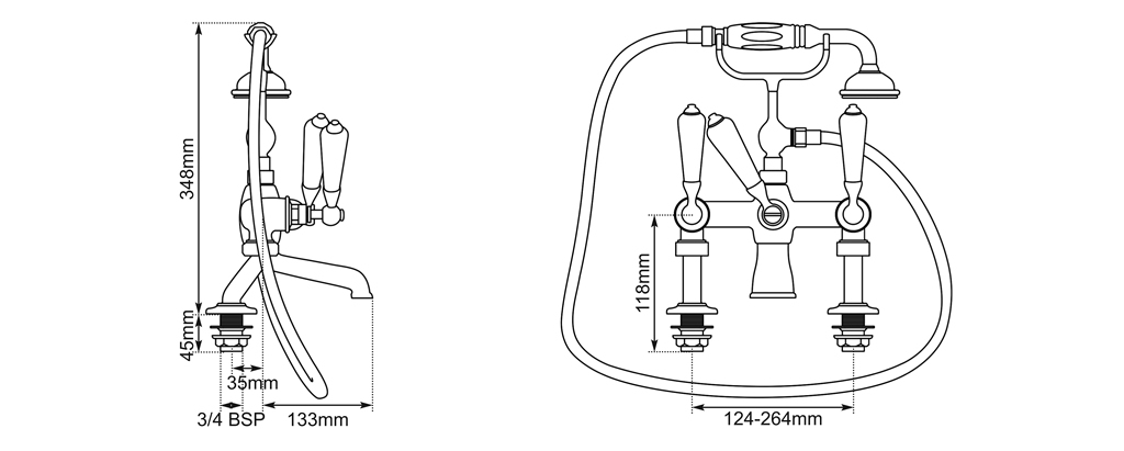 bath mixzer taps with cranked legs dimensions