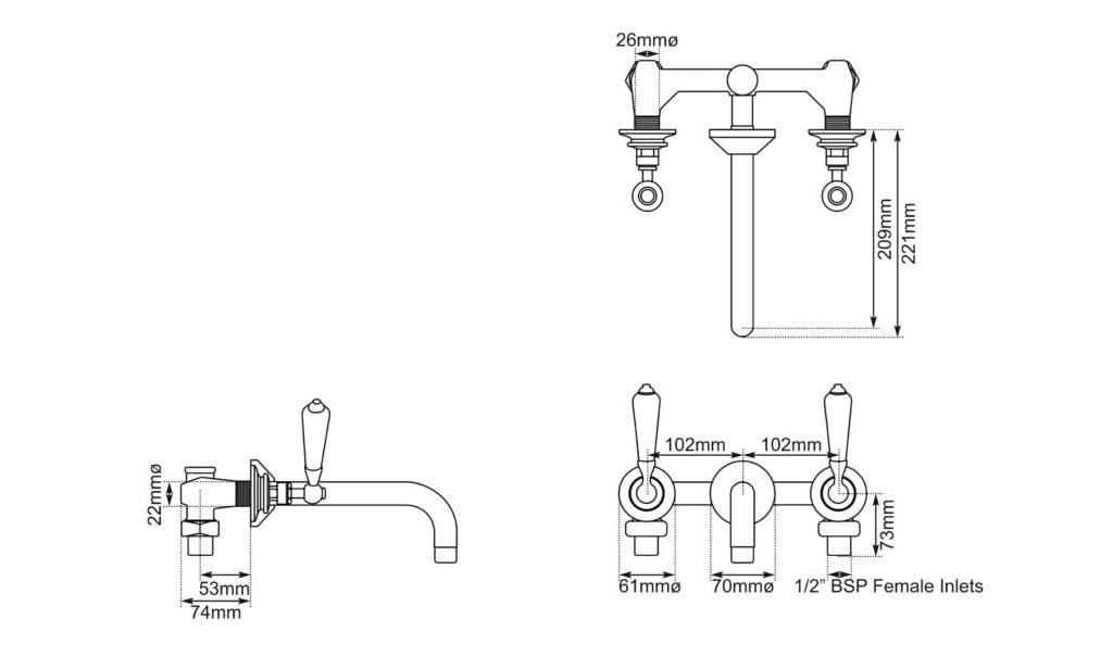 wall mounted basin mixer taps dimensions