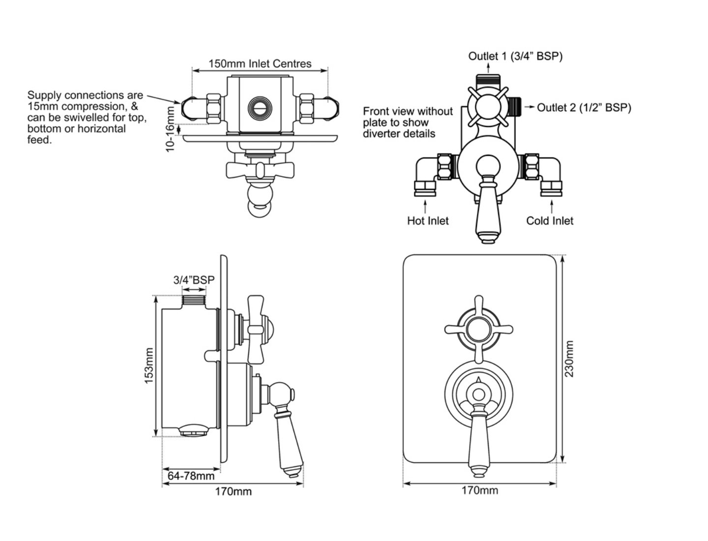 Concealed Thermostatic Valve 2 Outlets Measurements