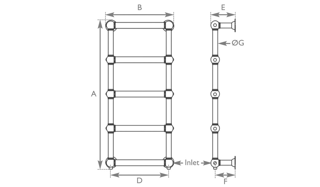 colossus copper towel rail 1300x600mm range measurements