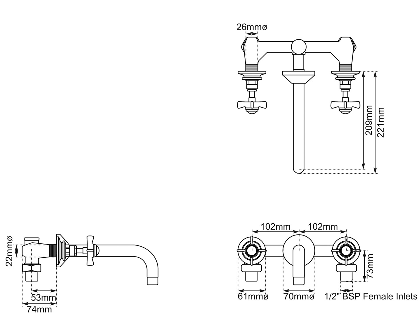 Wall Mounted Basin Mixer Taps Copper Measurements