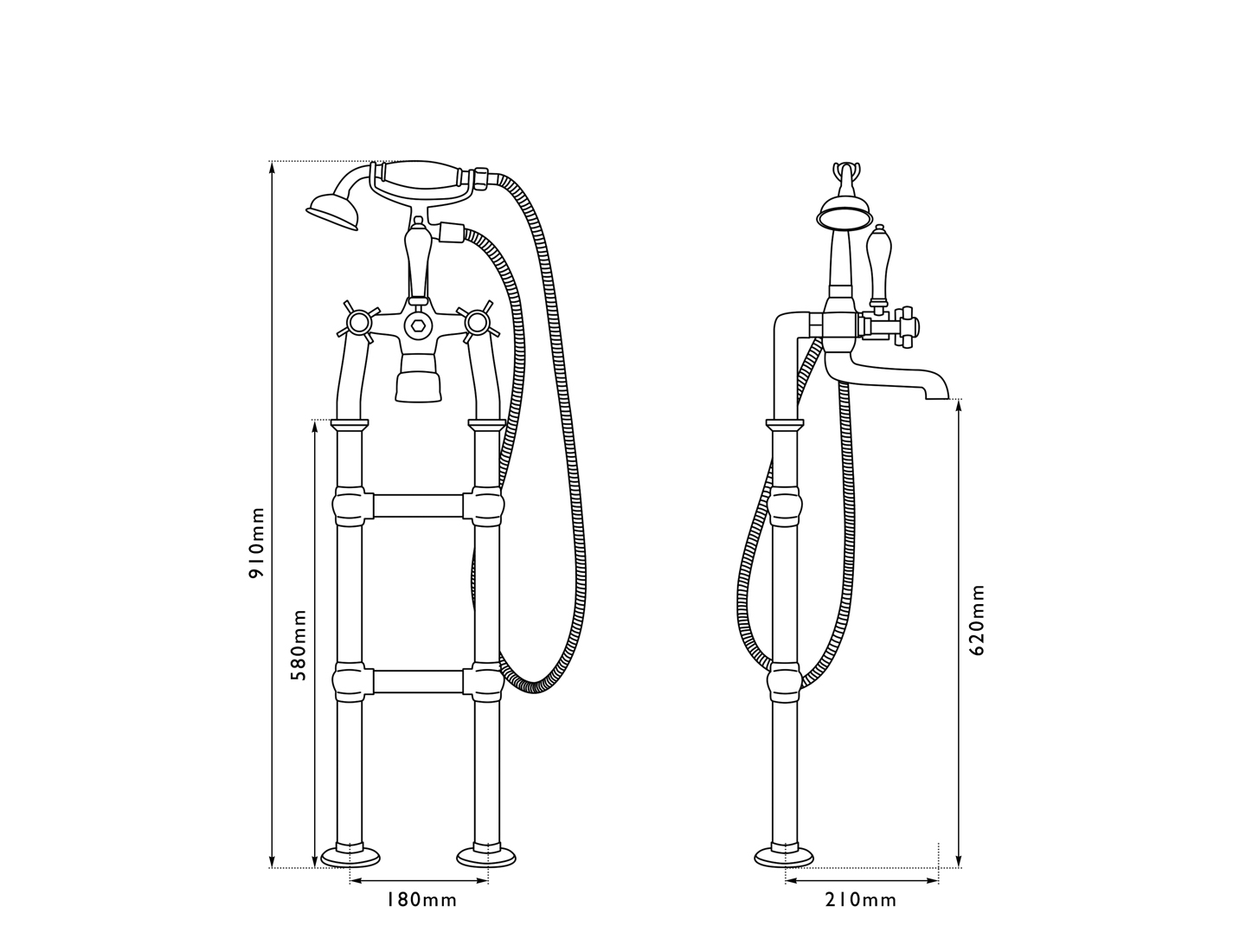 Freestanding Bath Taps Chrome 580Mm Measurements